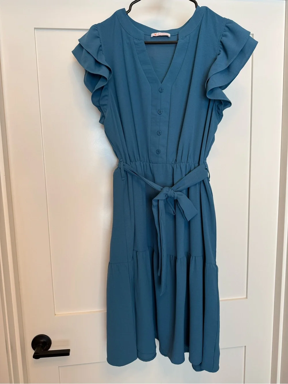 Women’s Teal V-Neck Tie-Waist Dress - Picture 3 of 4